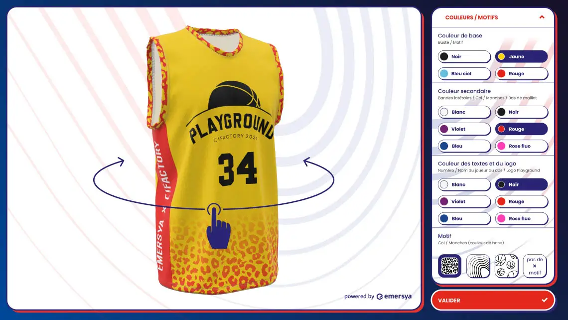 The online interface of the Interactive 3D product customization experience for mase-to-order basketball jerseys