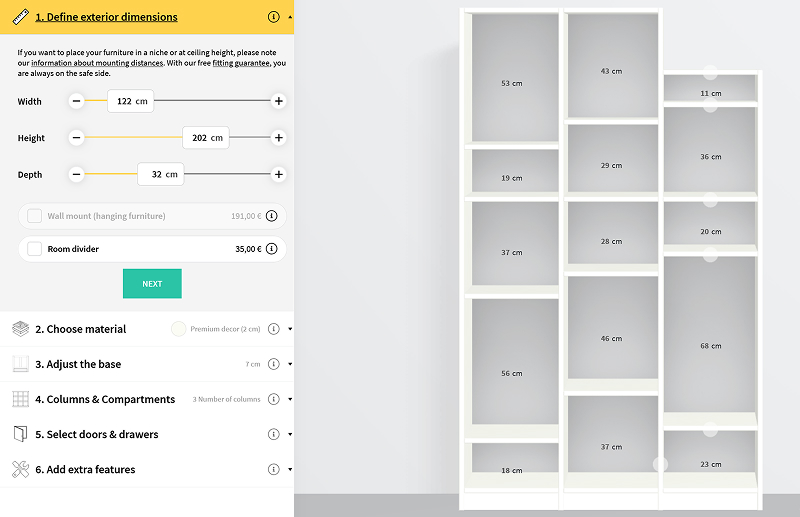 The PICKAWOOD shelving configurator is a good example of a parametric configurator where customers can choose their custom dimensions for each shelving unit.
