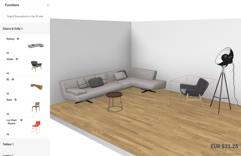 An example of a room planner configurator where the customer can drag and drop different pieces of furniture into a virtual space.