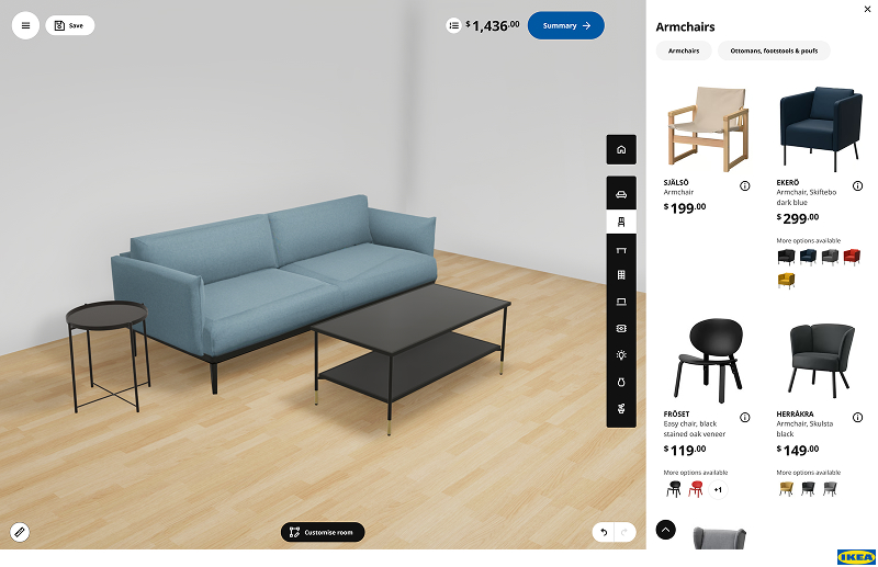 IKEA living room planner. Screenshot of the IKEA configurator tool with a sofa and 2 coffee tables placed in a digital mockup of a living room.