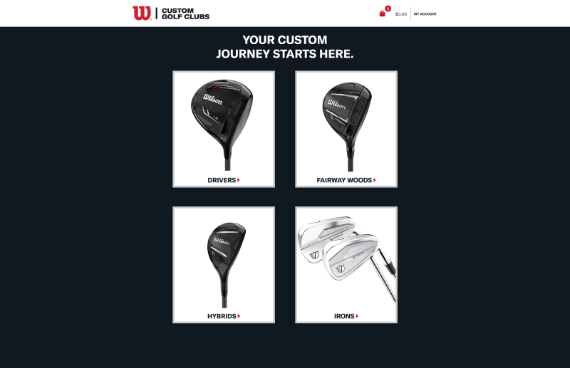 Wilson's online golf club configurator. The configurator starts with the customer choosing the type of club they's like to configure.