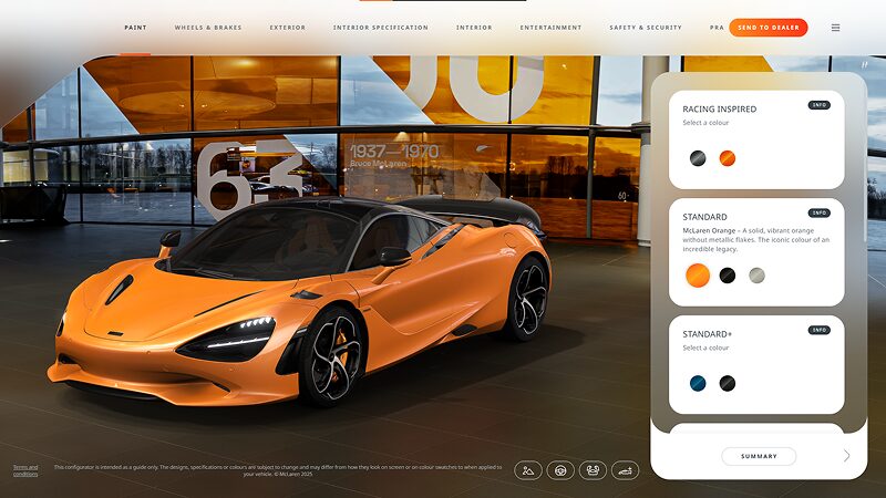 McLaren 3D sports car configurator showing exterior color changes and interior view customization.