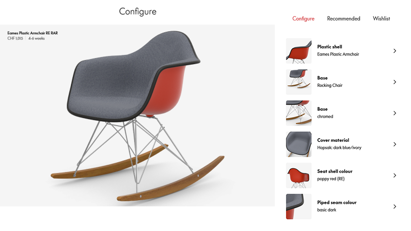Vitra Eames chair configurator with Interactive 3D view of the chair and a dynamic menu for configuring the chair's components, colors and material options.