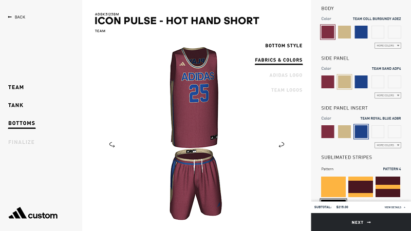 Adidas 3D uniform configurator displaying jersey color options, team logos, and personalized numbers.