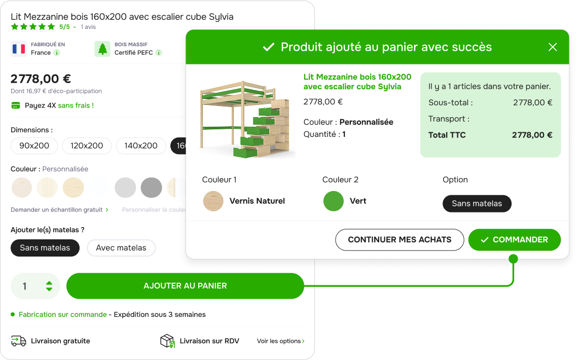 ABC Meuble 3D configurator Add to cart stage with product options list, price and preview image