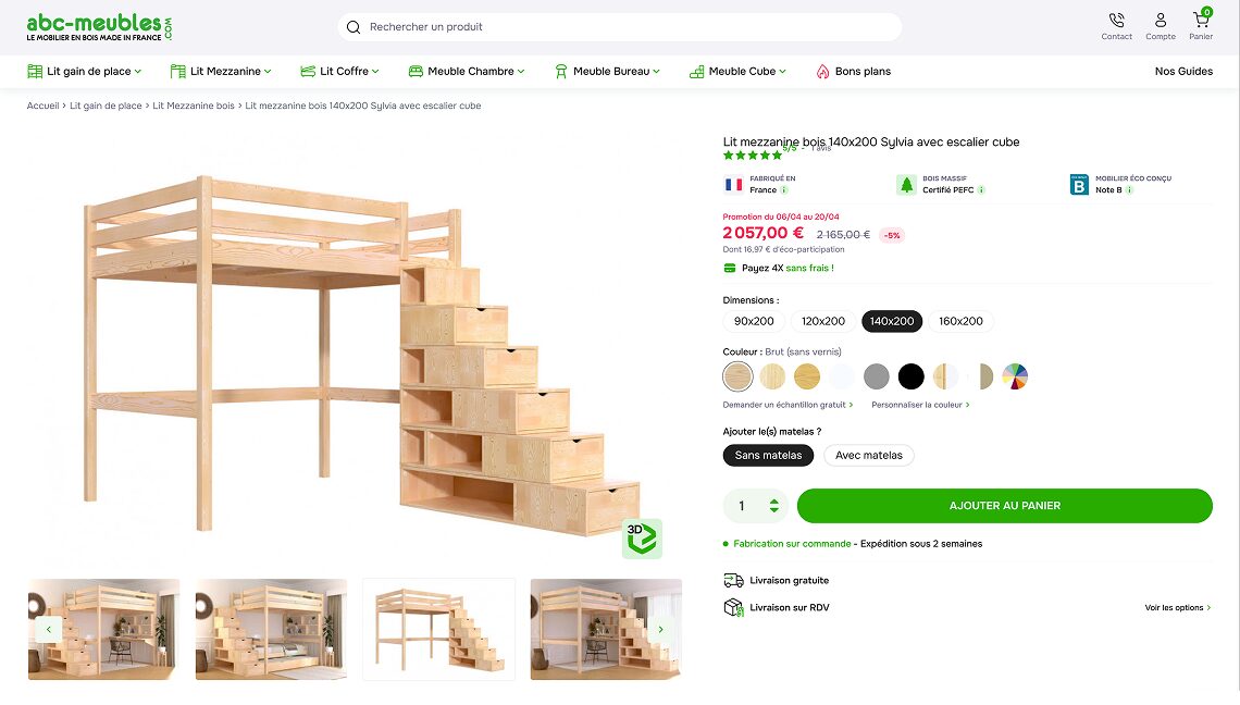 ABC Meubles eCommerce website ABC Meuble eCommerce webpage for customized mezzanine beds
