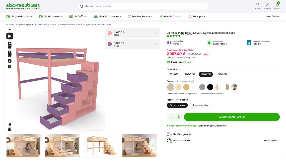 ABC Meuble mezzanine bed product page with integrated 3D configurator showing pink and purple color combination