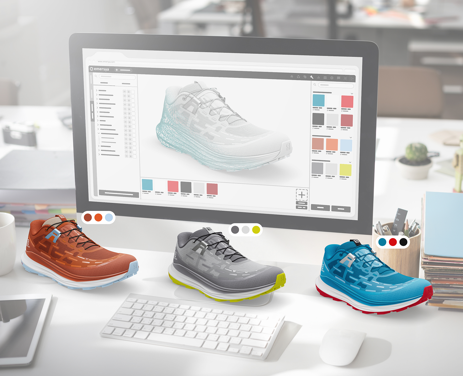 Emersya Homepage Salomon Ultra Glide shoe colorways and digital samples creation. Based on the same 3D model of shoe, with the colors and materials uploaded in the Emersya platform, 3 different colorways have been created.