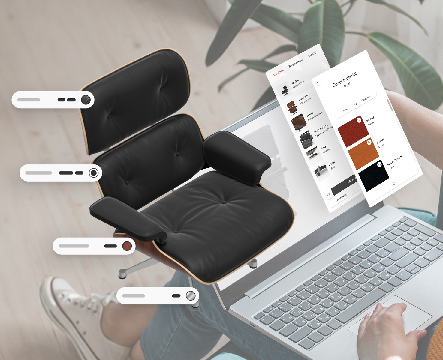 A person is sat using a laptop computer to create their custom lounge chair, using a 3D product configurator.