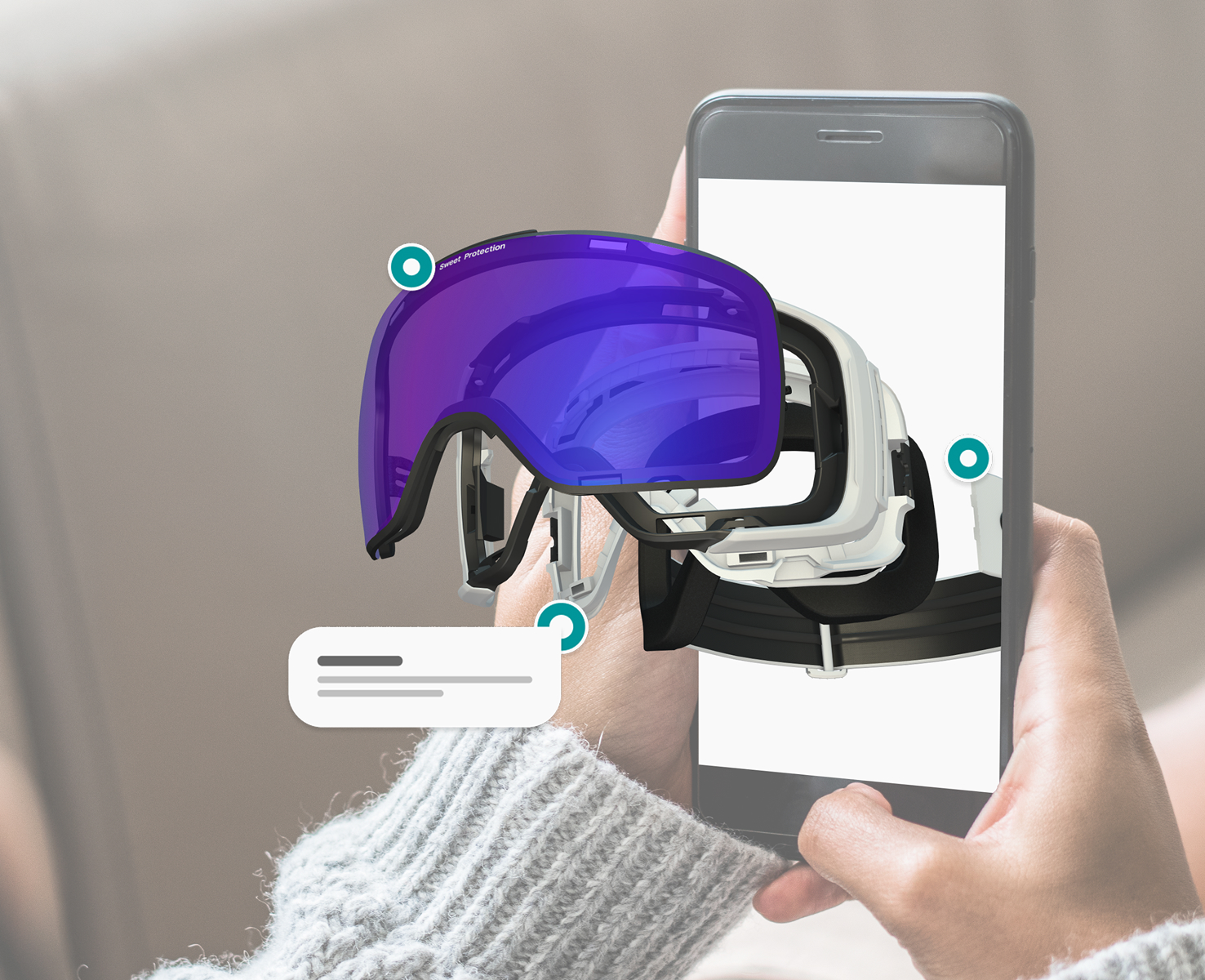 Emersya Homepage image presenting a 3D project. A customer is interacting with Emersya 3D viewer on a smartphone to discover the Sweet Protection ski goggles on the brand website.